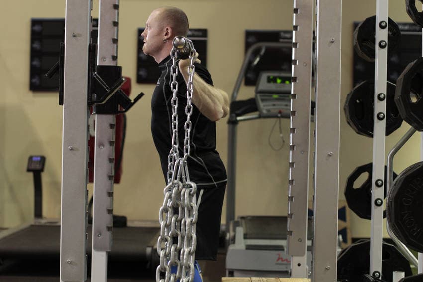 Box Squat with Chains — starting position