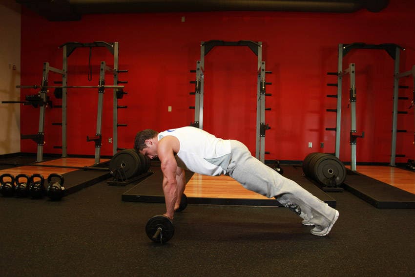 Barbell Ab Rollout — end position