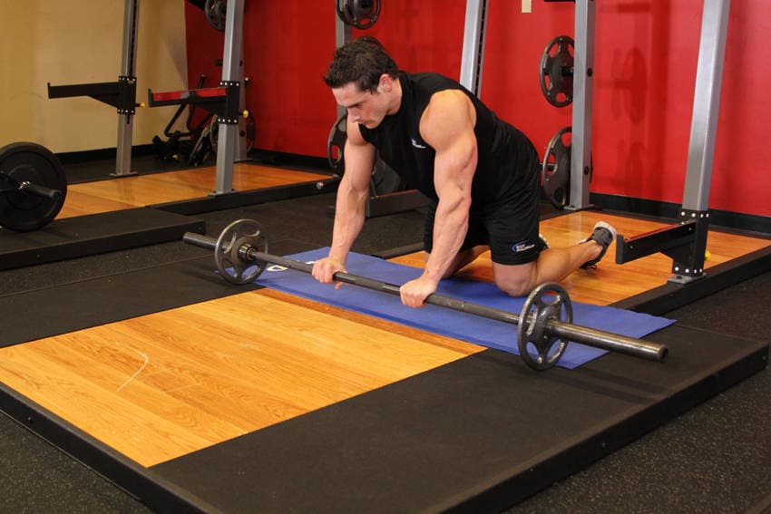 Barbell Ab Rollout - On Knees — starting position