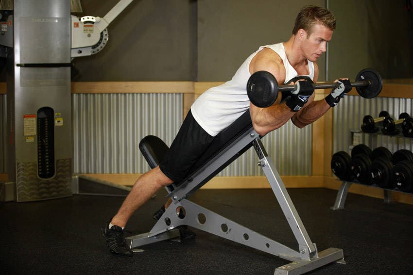 Barbell Curls Lying Against An Incline — end position