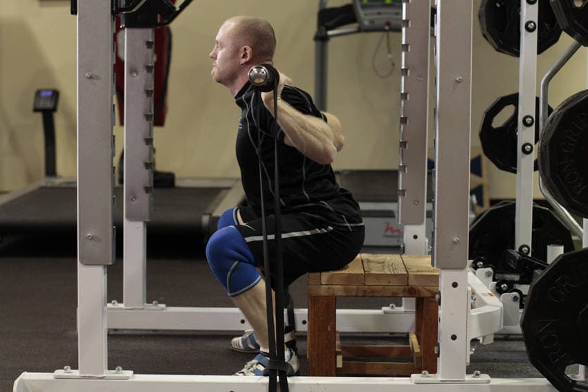 Box Squat with Bands — end position