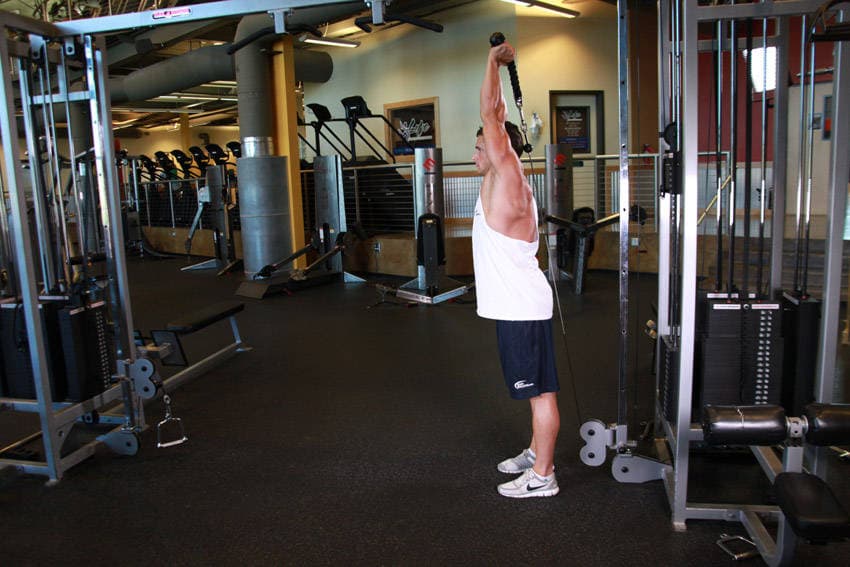 Cable Rope Overhead Triceps Extension — end position
