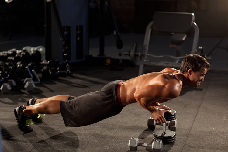 Close-Grip Push-Up off of a Dumbbell — end position