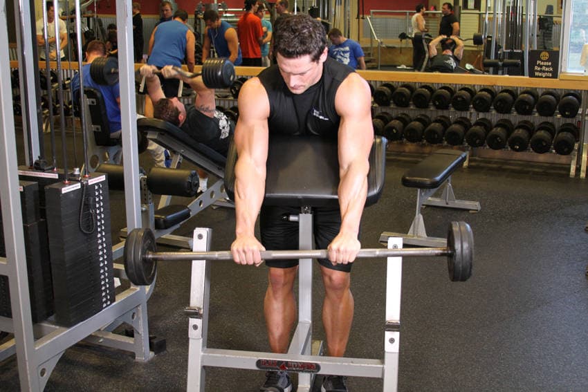 Reverse Barbell Preacher Curls — starting position