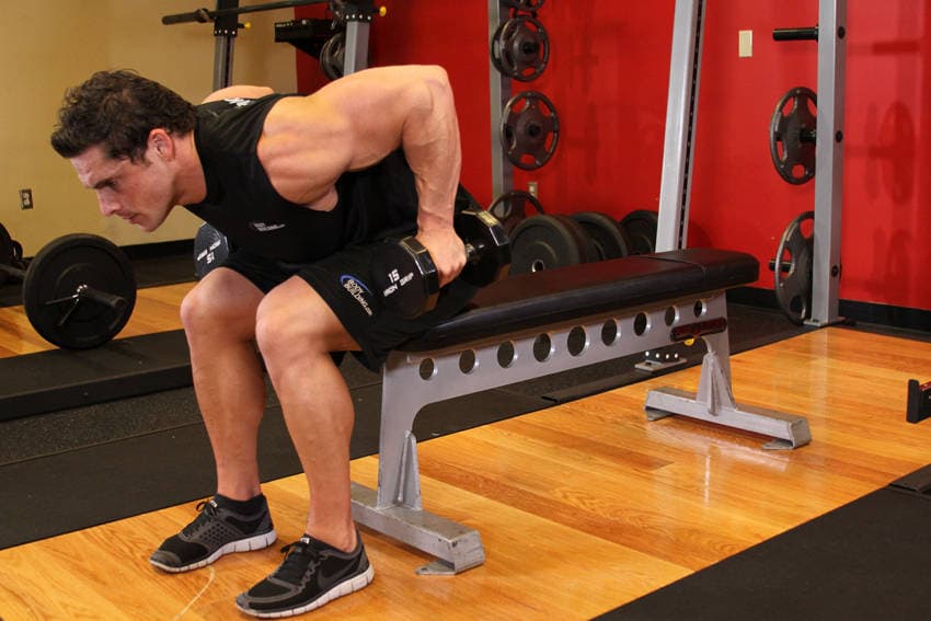 Seated Bent-Over Two-Arm Dumbbell Triceps Extension — starting position