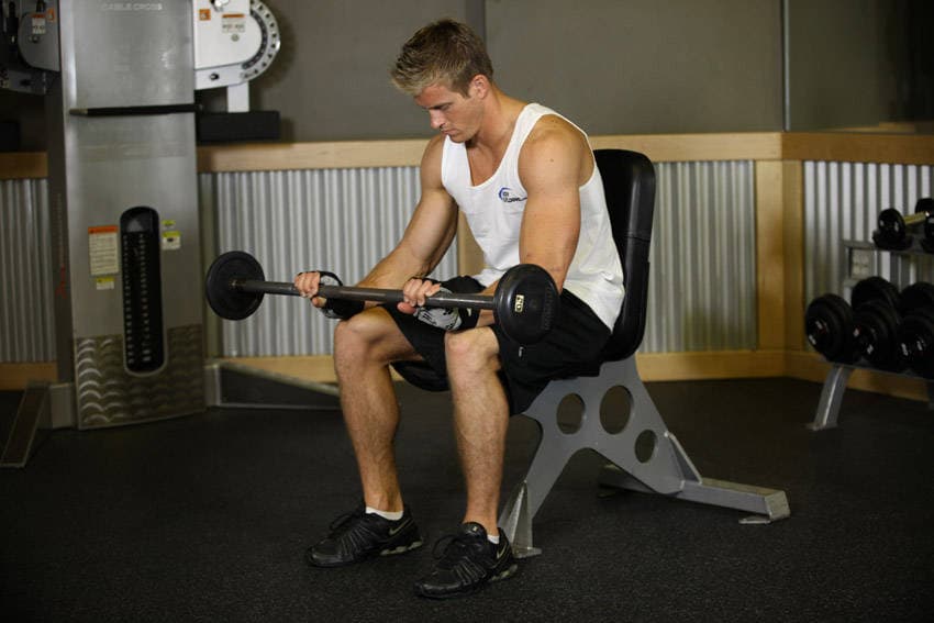 Seated Palms-Down Barbell Wrist Curl — end position