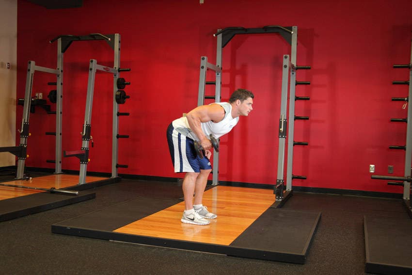 Standing Bent-Over One-Arm Dumbbell Triceps Extension — starting position