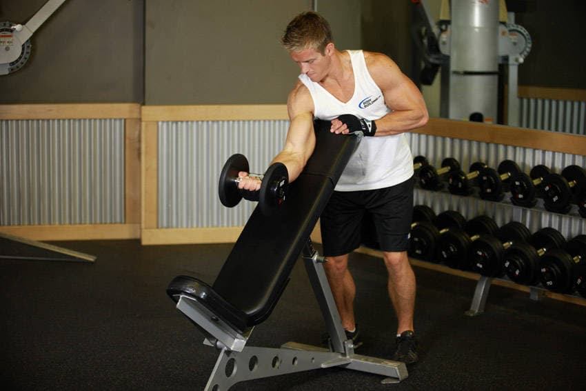 Standing One-Arm Dumbbell Curl Over Incline Bench — starting position