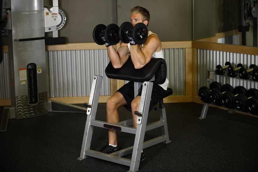 Two-Arm Dumbbell Preacher Curl — end position