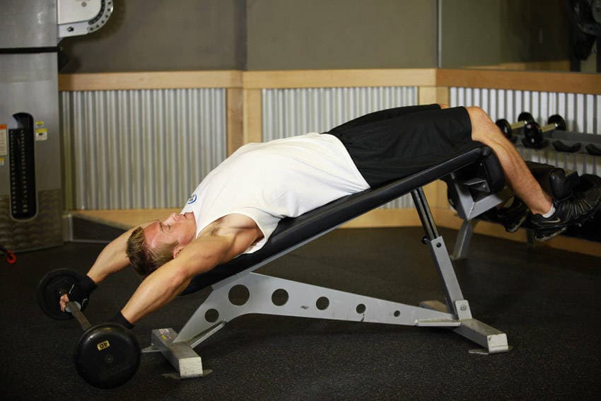Wide-Grip Decline Barbell Pullover — end position